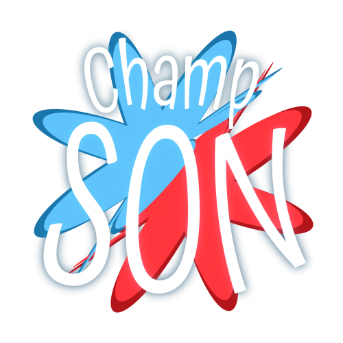 Logo officiel du blogue Champ Son. Fleur bicolore aux pétales rouges et bleus, avec lettrage blanc