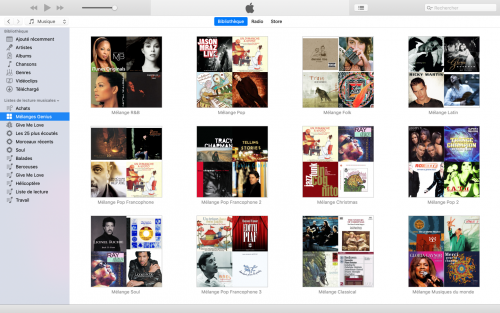 Capture d’écran montrant les mélanges Genius dans l’application iTunes (macOS).