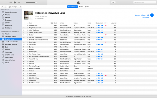 Capture d’écran montrant une playlist Genius dans l’application iTunes (macOS 12.9.5.5).
