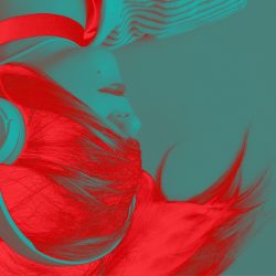 Femme au visage recouvert par sa chevelure, portant des écouteurs. Impression rouge sur fond turquoise.